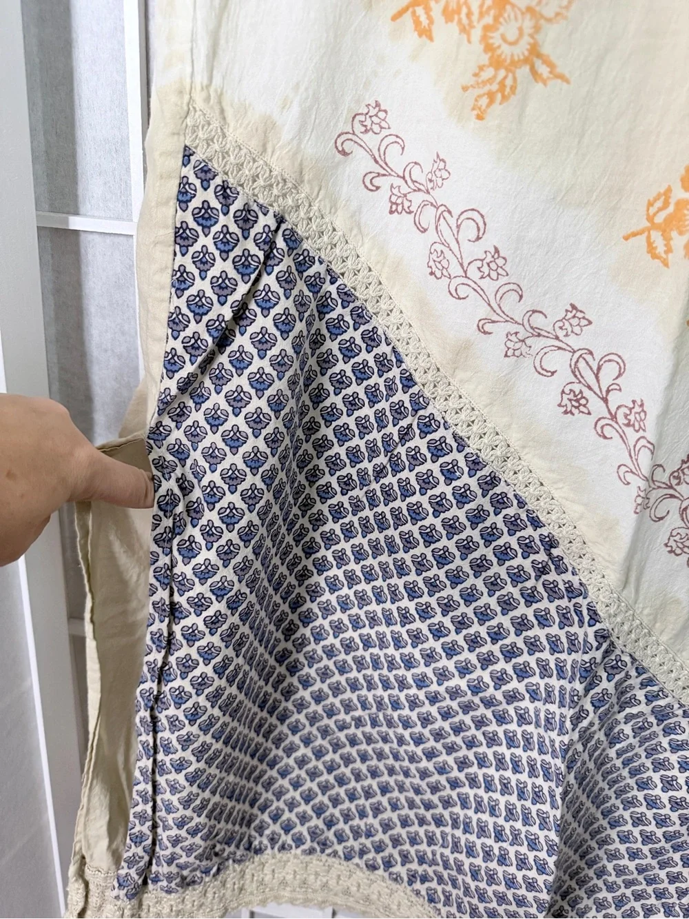Boho Cream Maxi Skirt with Orange Floral & Blue Geometric Panel